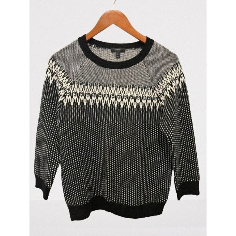 J.CREW Fair Island Sweater Knitted Wool Navy Blue White Crewneck Size Med